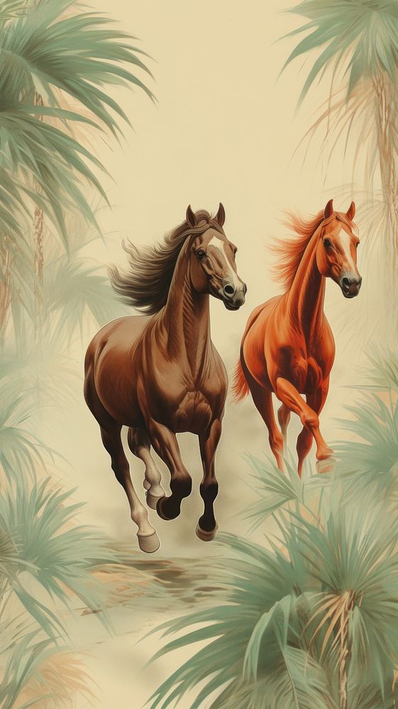 Wallpaper running horses stallion painting animal.