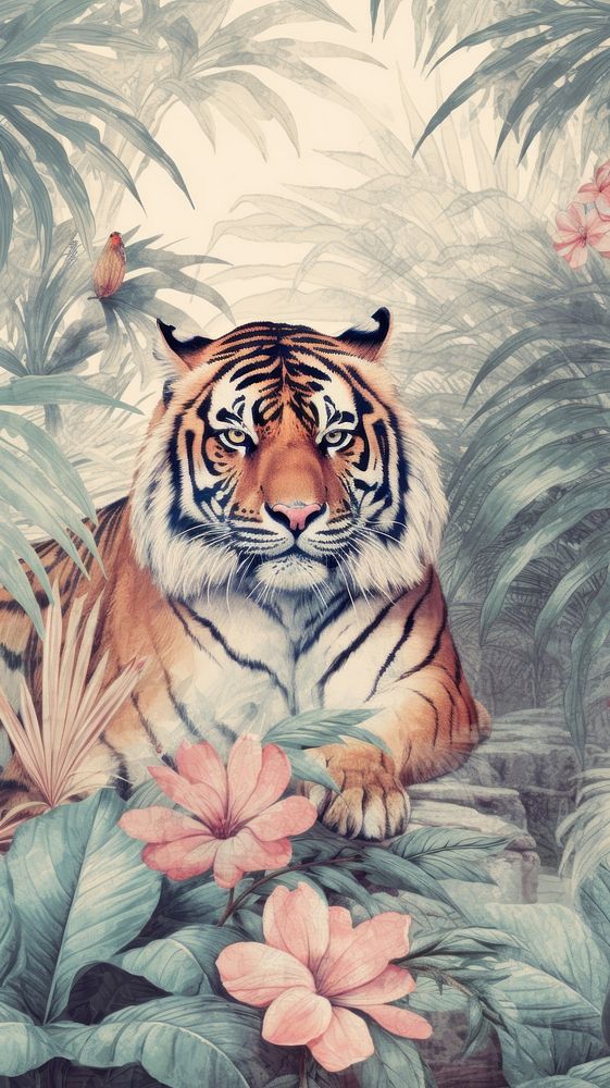 Wallpaper tiger in jungle wildlife animal plant.