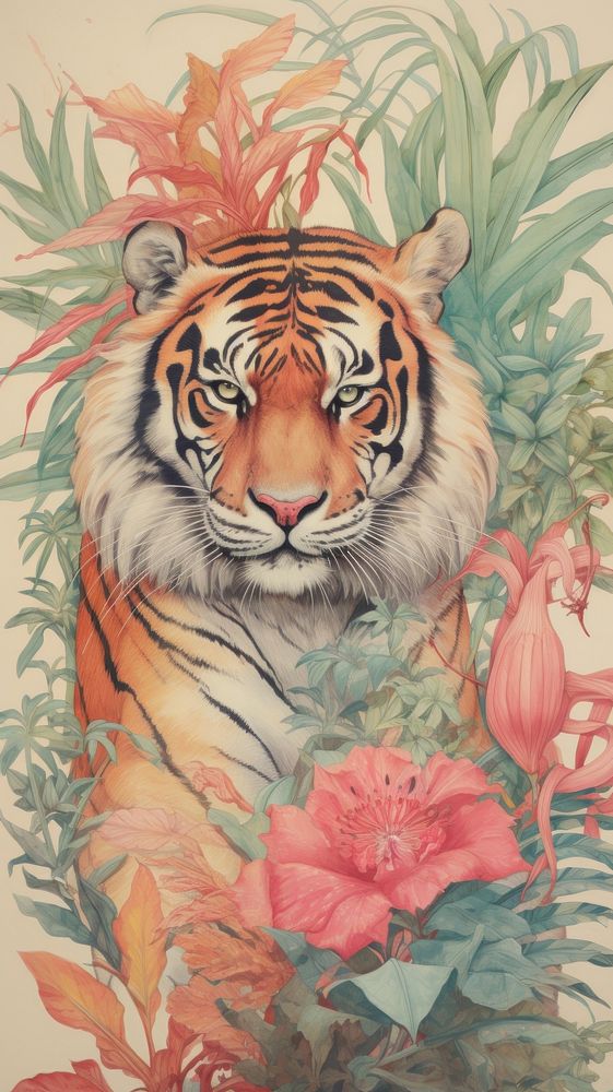 Wallpaper tiger in jungle wildlife painting pattern.