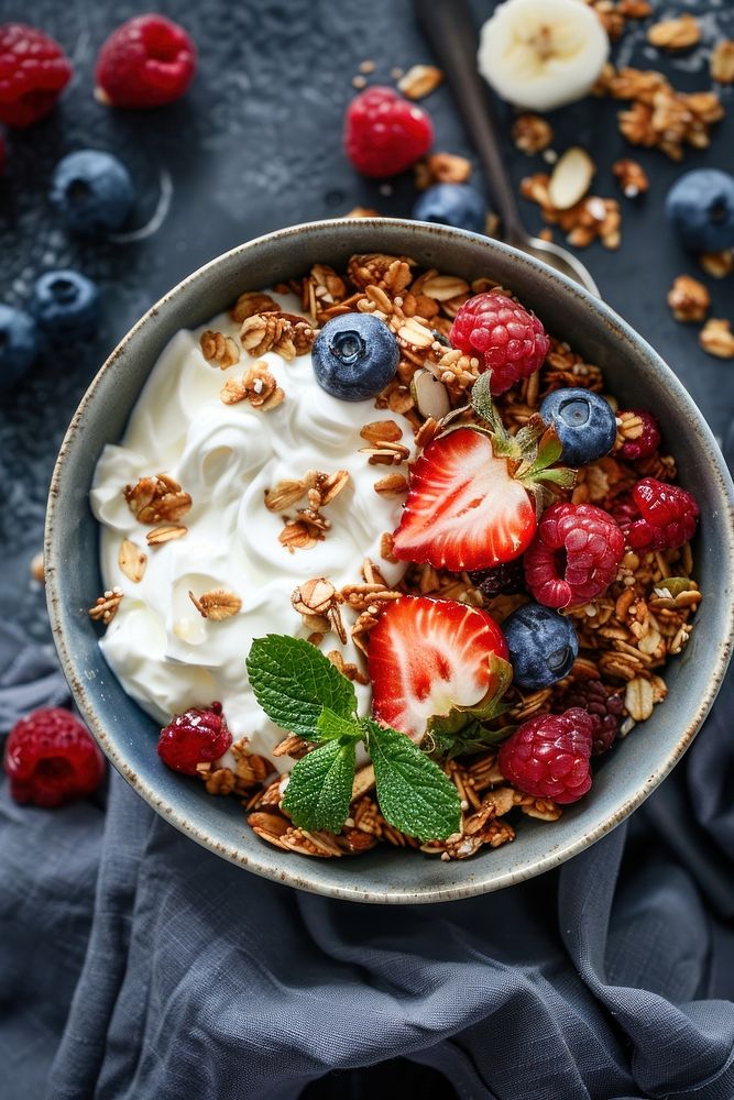 A bowl of almond buckwheat granola with yogurt and berries breakfast dessert berry.