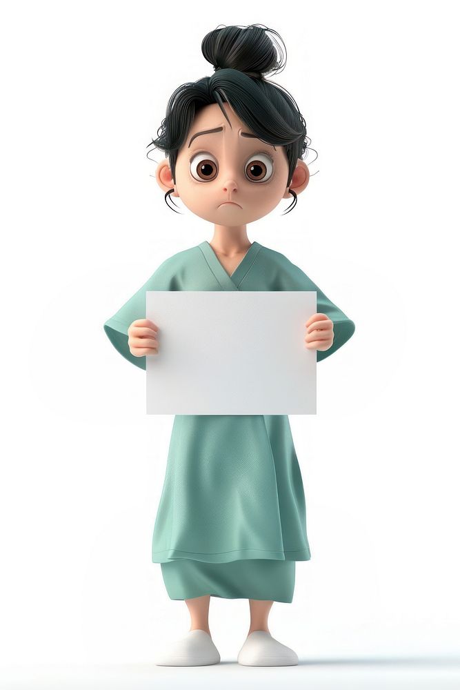 Sad patient holding board standing cartoon person.