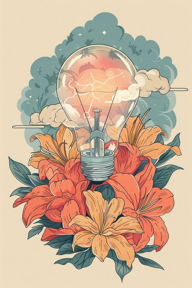 Drawing light bulb flower art illuminated.