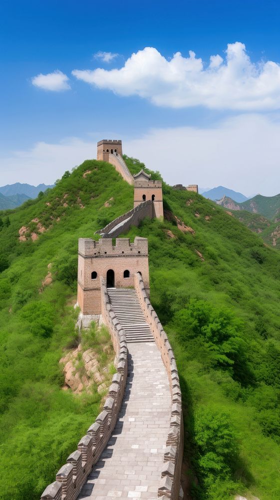High contrast Great Wall Of China landscape fortification architecture.