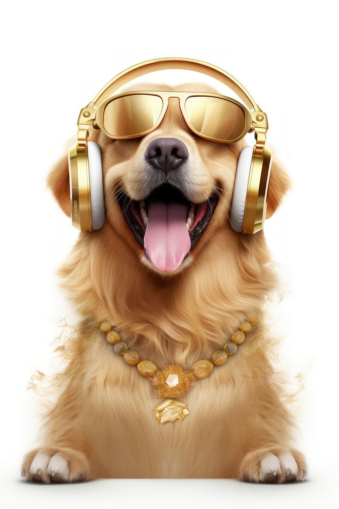 Cool young golden retriever dog sunglasses headphones mammal.
