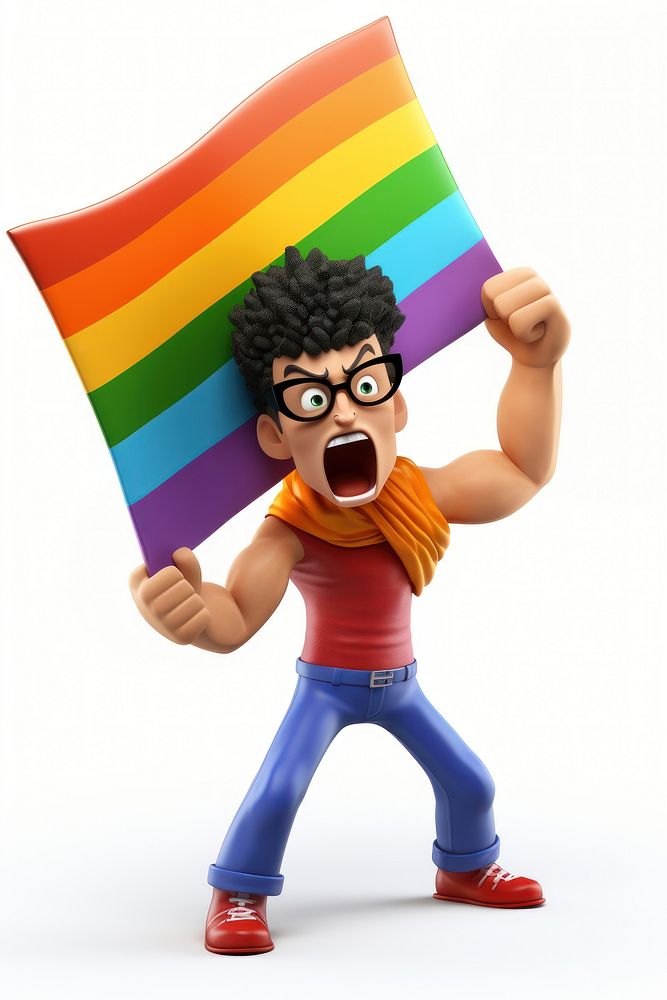 An angry lgbtq holding a protest sign toy white background representation.