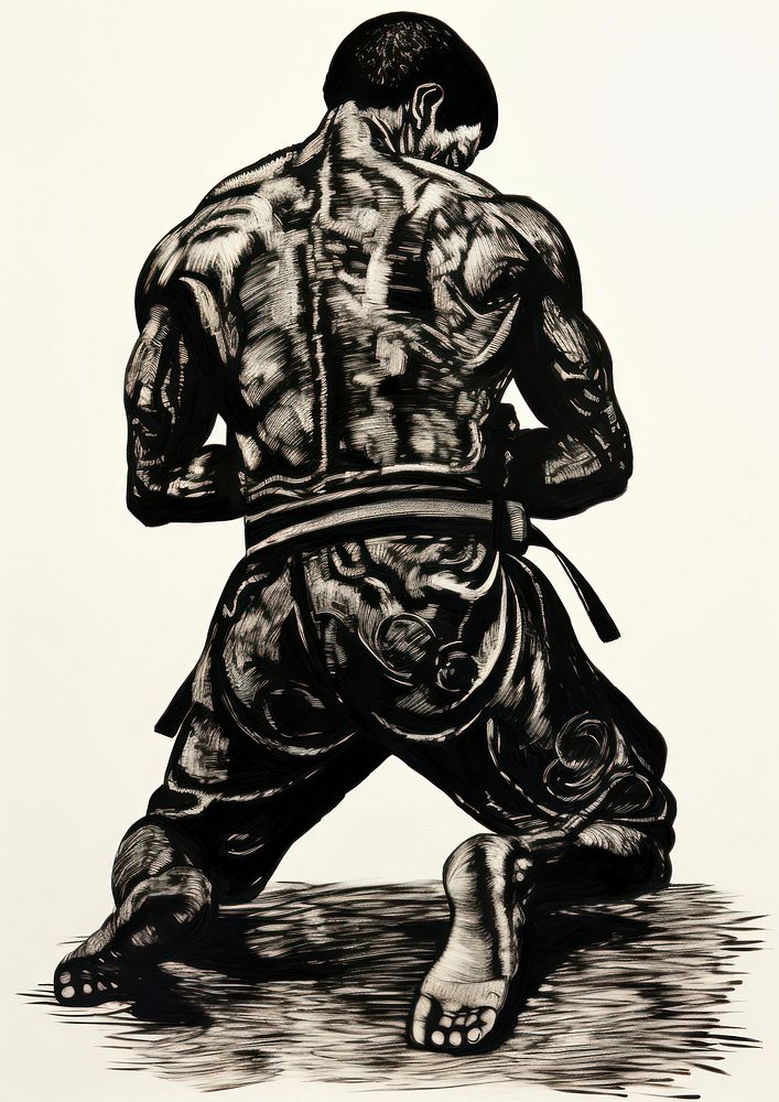 A Brazillian jiu-jitsu black fighter standing pose back kneeling person.