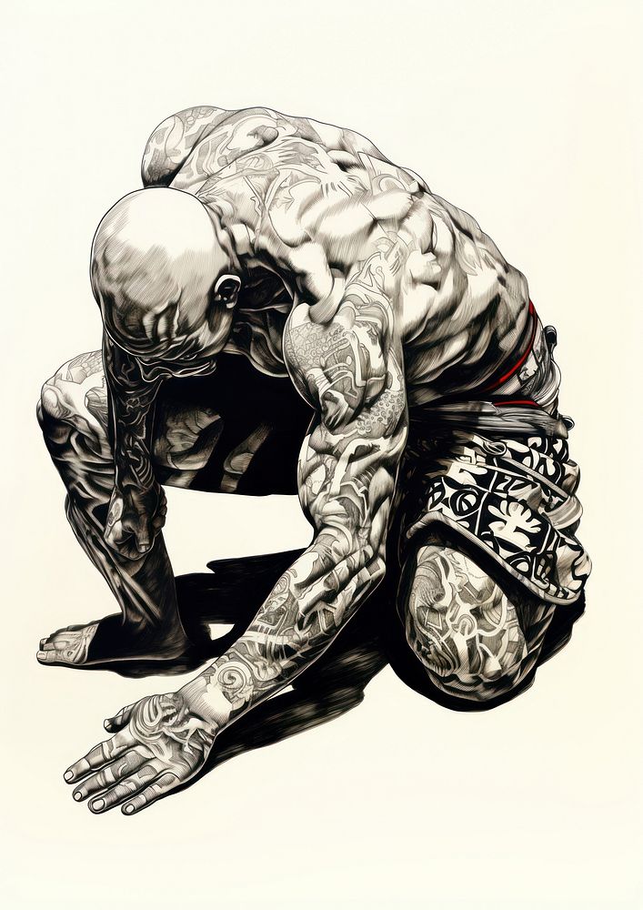 A tattooed yakuza kneeling person human.