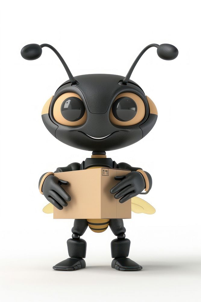 Ant in delivery costume robot white background representation.