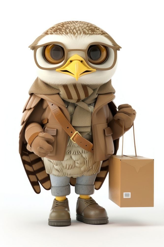 Hawk in delivery costume box white background representation.