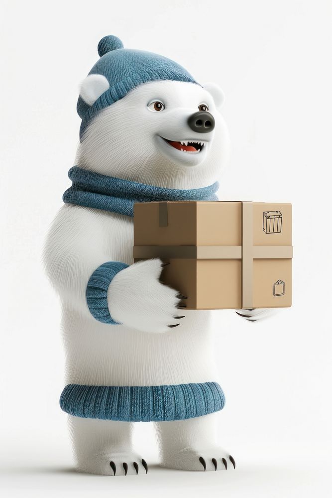 Polar bear in delivery costume mammal white box.