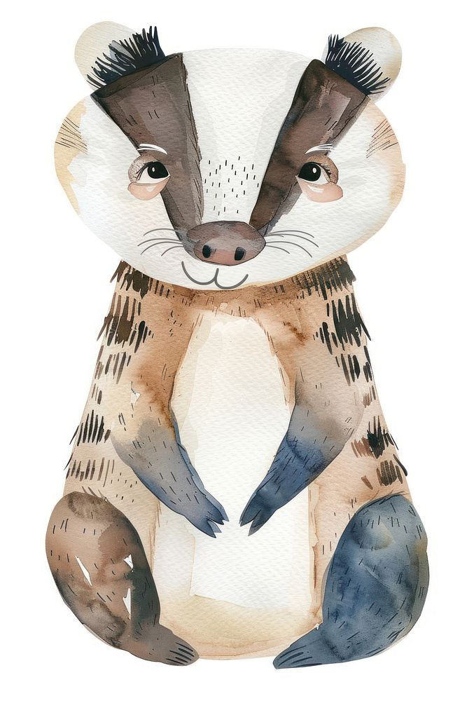 Cute watercolor illustration of a badger mammal animal white background.