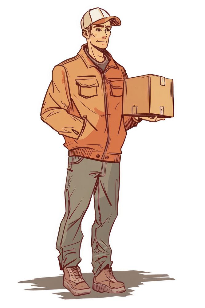 Delivery man hand holding box cardboard adult white background.