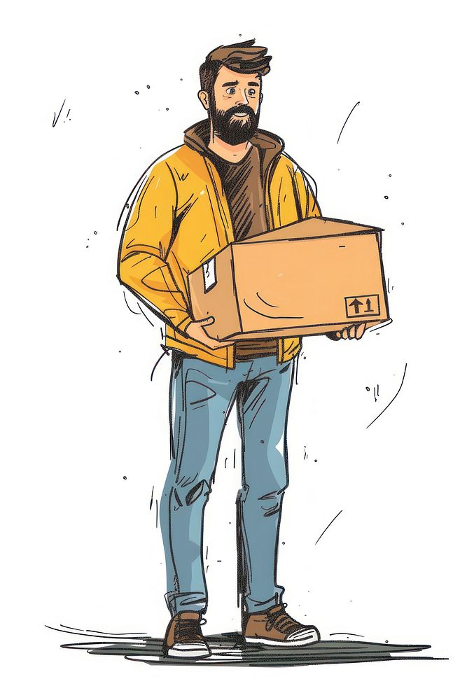 Delivery man hand holding box cardboard footwear drawing.
