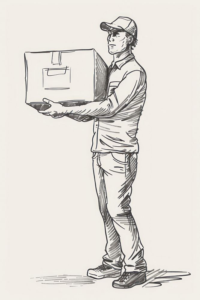 Delivery man hand holding box cardboard drawing sketch.