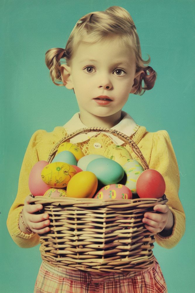 Child with Easter eggs basket child portrait.