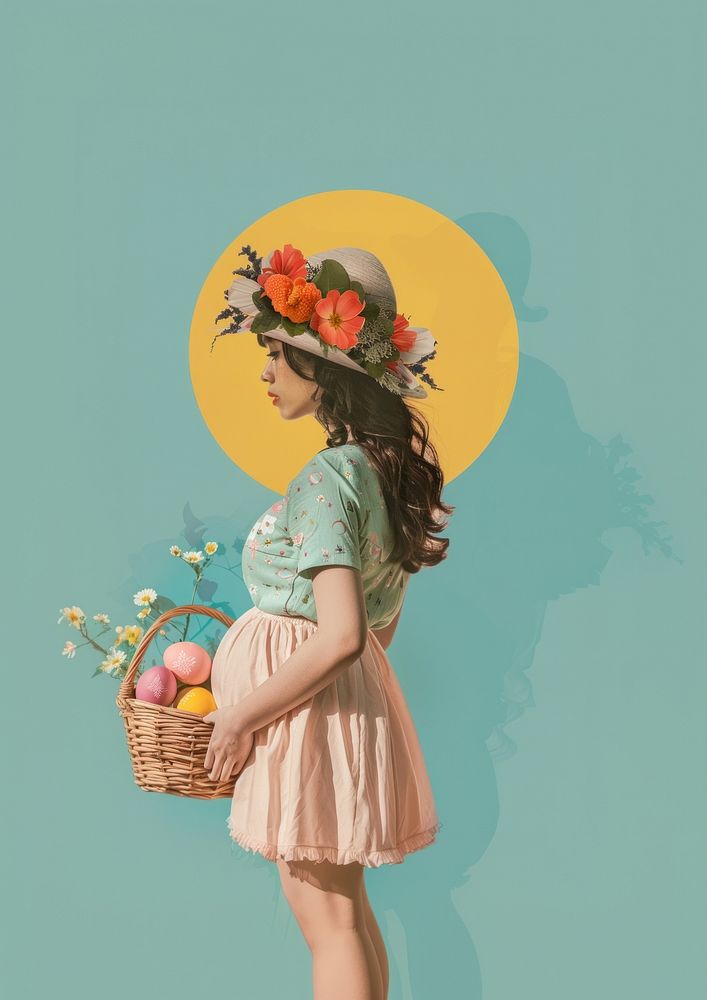 The pregnant woman basket painting art.