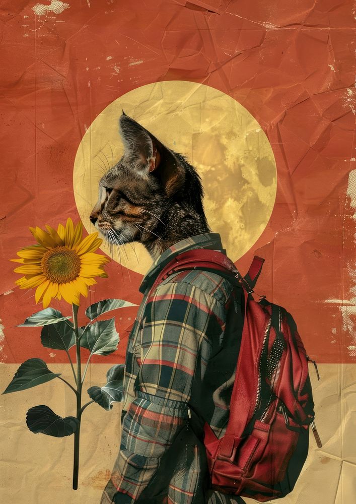A cat with backpack sunflower animal mammal.