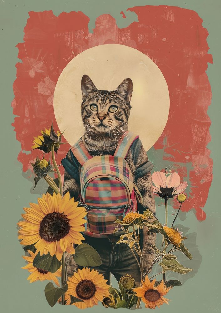 A cat with backpack sunflower portrait painting.