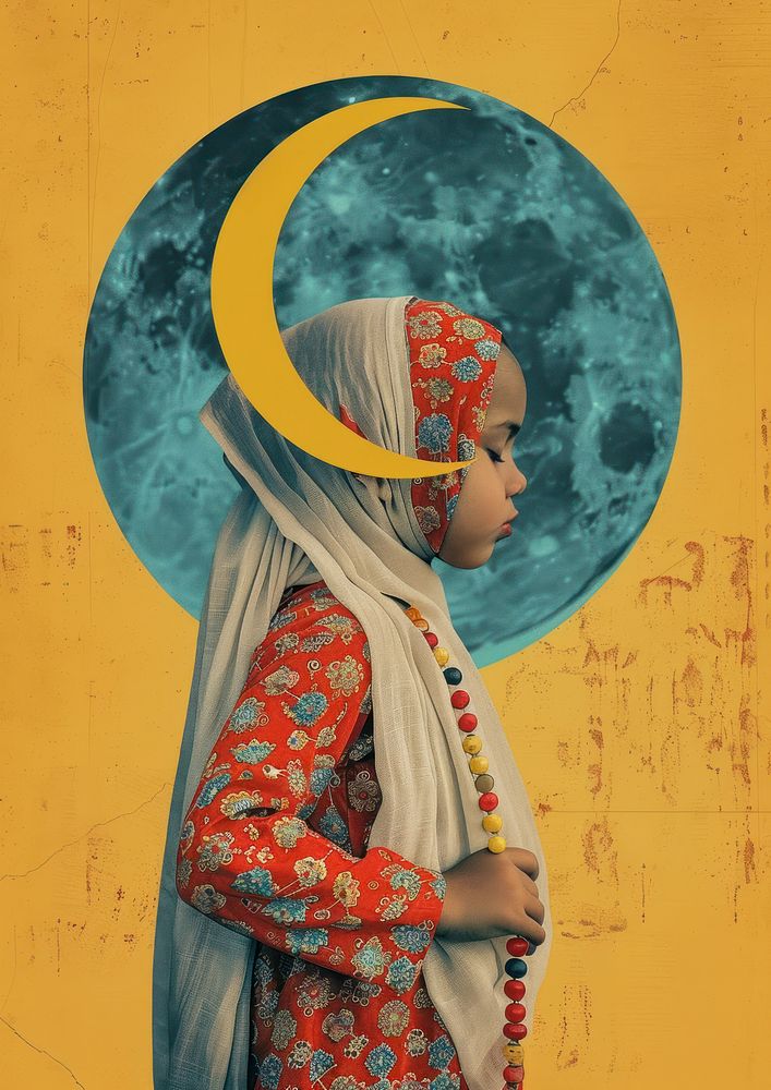 A Child with Ramadan crescent moon painting portrait poster.