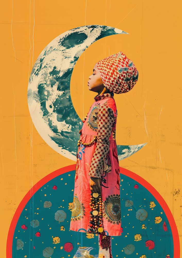 A Child with Ramadan crescent moon turban adult art.