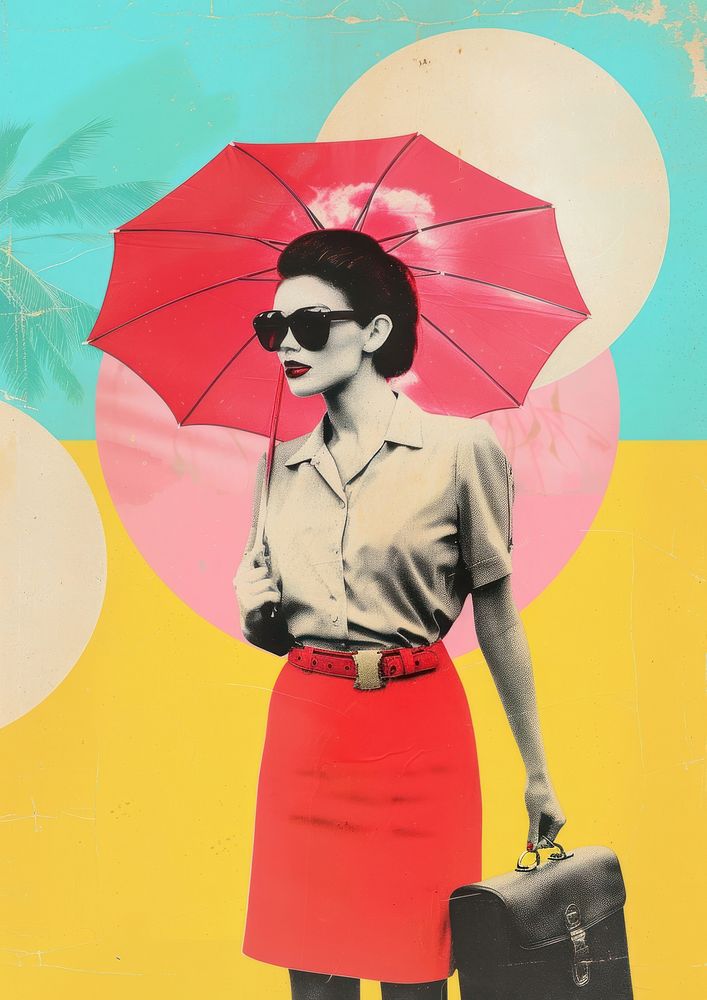 Businesswoman with woman lips sunglasses umbrella bag.
