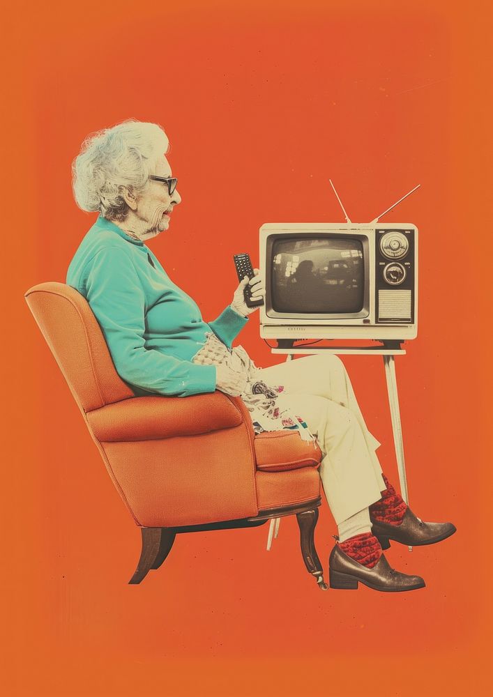 Elderly woman holding a TV glasses chair television.