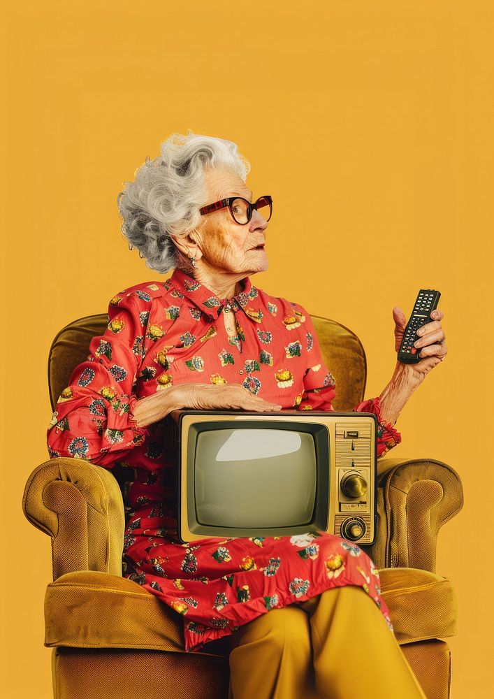 Elderly woman holding a TV relaxation armchair glasses.
