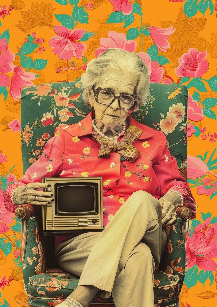 Elderly woman holding a TV glasses painting portrait.
