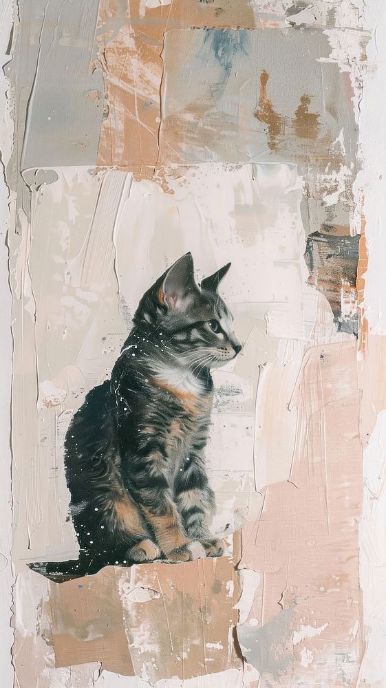 Gray cat with acrylic brush collage art painting.