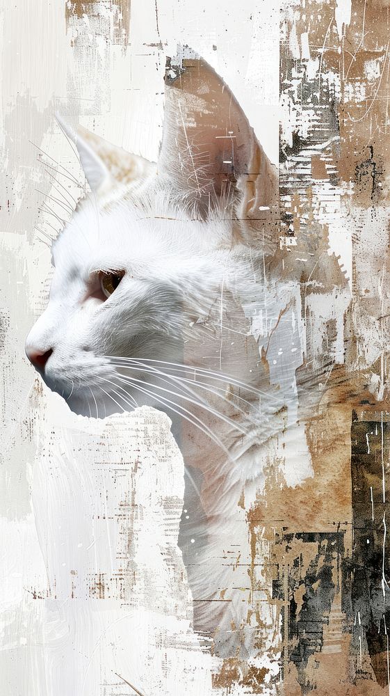 White cat with acrylic brush art backgrounds painting.