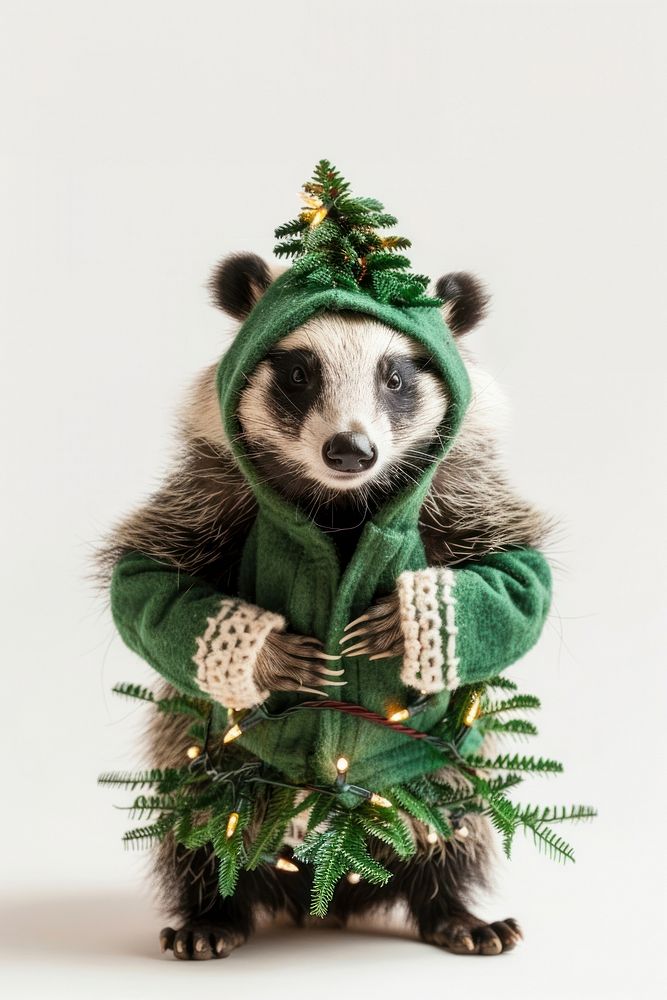 Badger wearing Christmas tree costume christmas portrait raccoon.