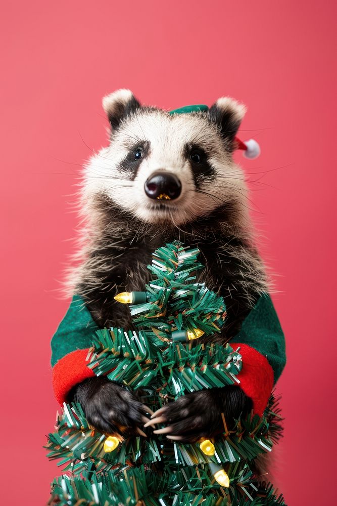 Badger wearing Christmas tree costume christmas portrait animal.