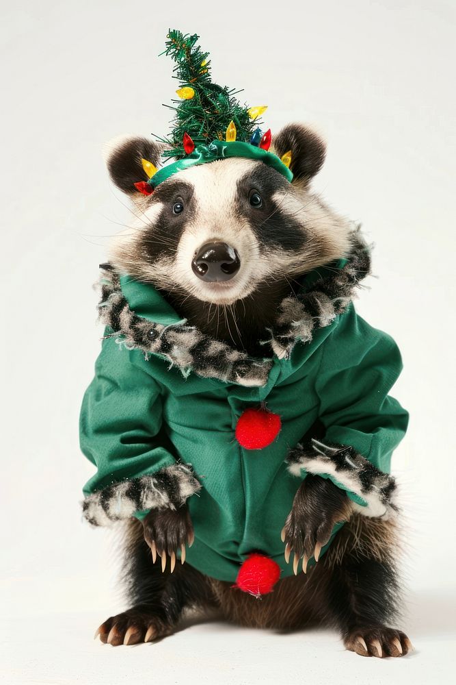 Badger wearing Christmas tree costume christmas portrait mammal.