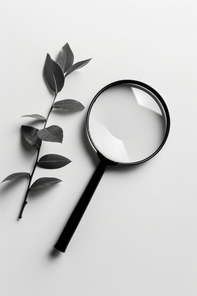 Magnifying glass plant reflection monochrome.