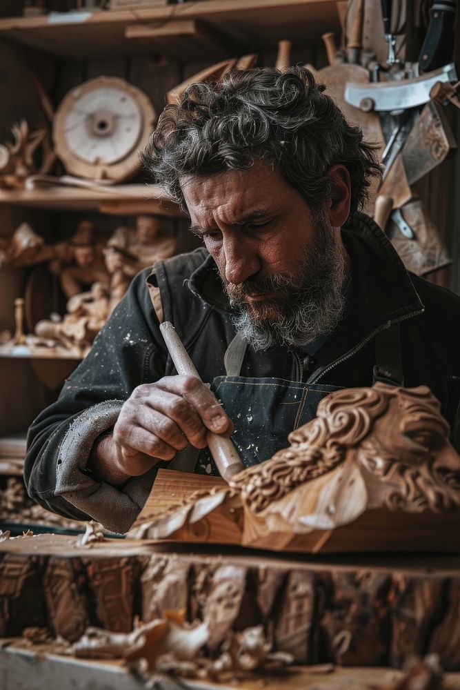 Craftsperson concentration woodworking creativity.
