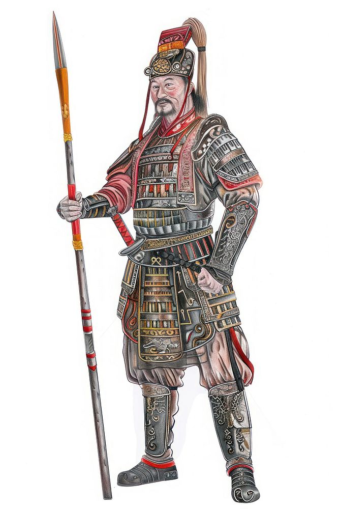 Realistic pencil drawing ancient chinese armor pencil sketch texture weapon adult white background.