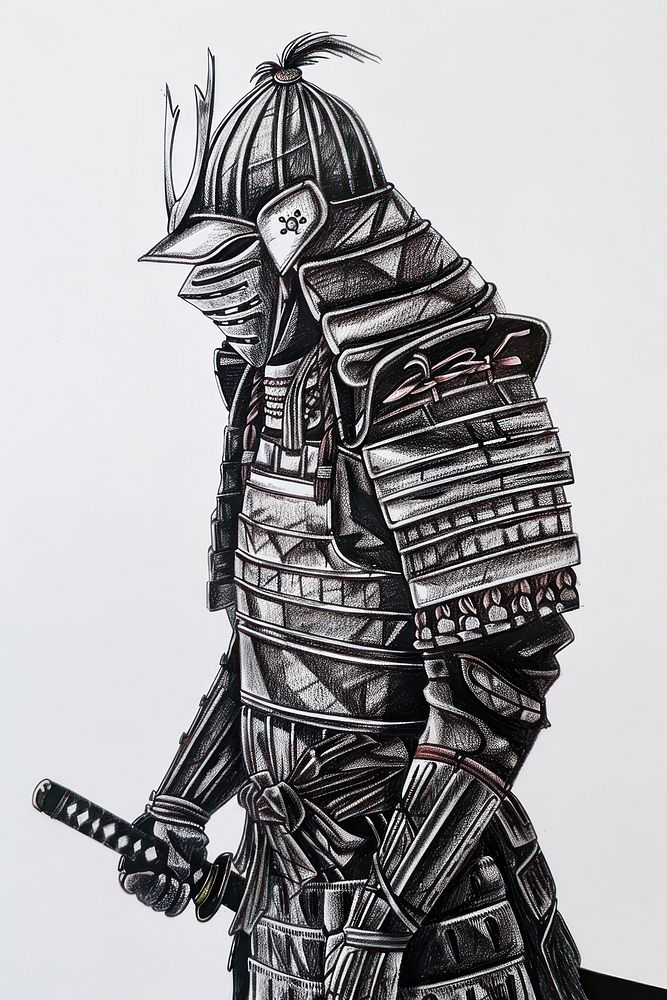 Realistic pencil drawing samurai armor pencil sketch texture art representation architecture.
