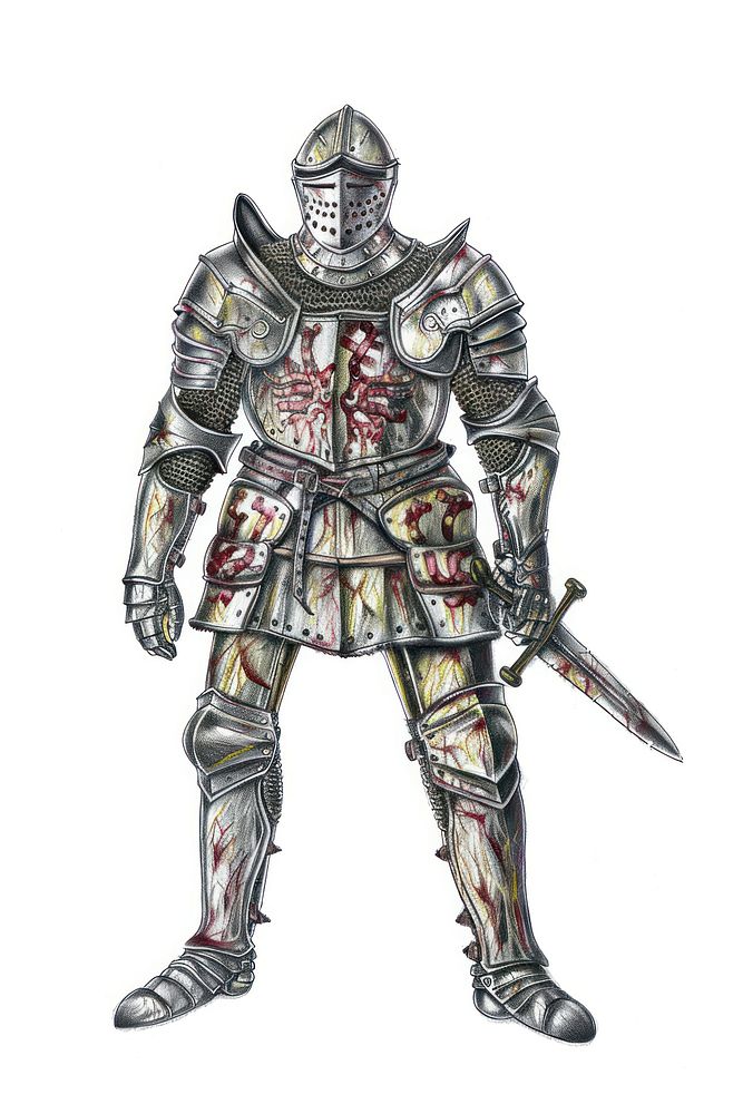 Realistic pencil drawing 1400s armor pencil sketch texture white background architecture protection.