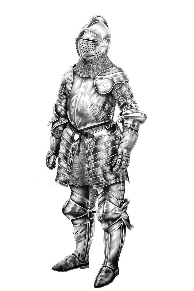 Realistic pencil drawing 100 CE armor pencil sketch texture helmet adult white background.