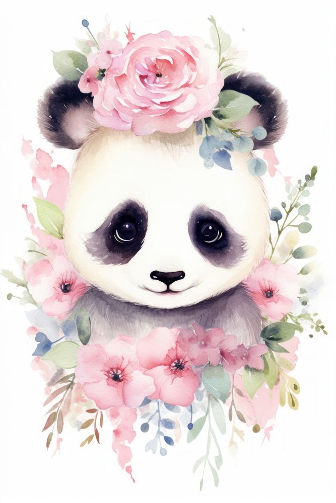 Watercolor of panda mammal flower plant.