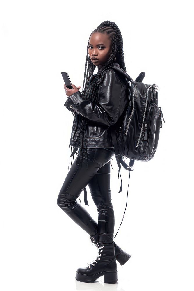 Attractive young african woman carrying backpack standing footwear portrait jacket.