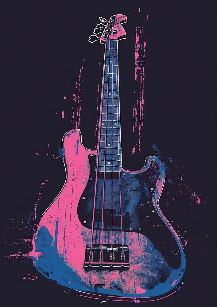 Silkscreen of a bass guitar blue pink red.