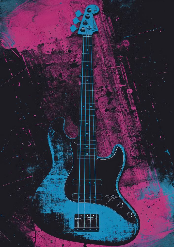 Silkscreen of a bass guitar blue art performance.