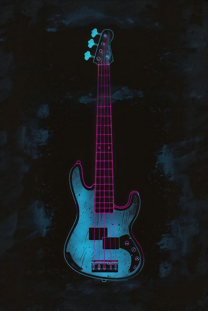 Silkscreen of a bass guitar blue illuminated performance.