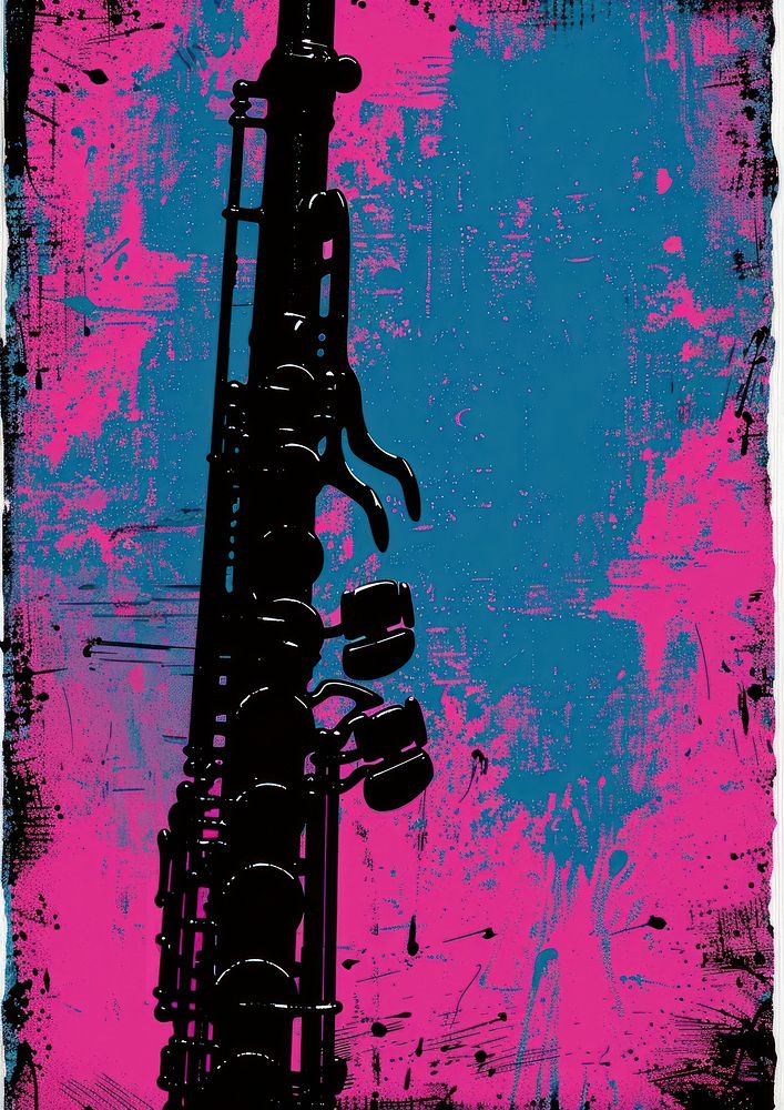 Silkscreen of a clarinet backgrounds silhouette textured.