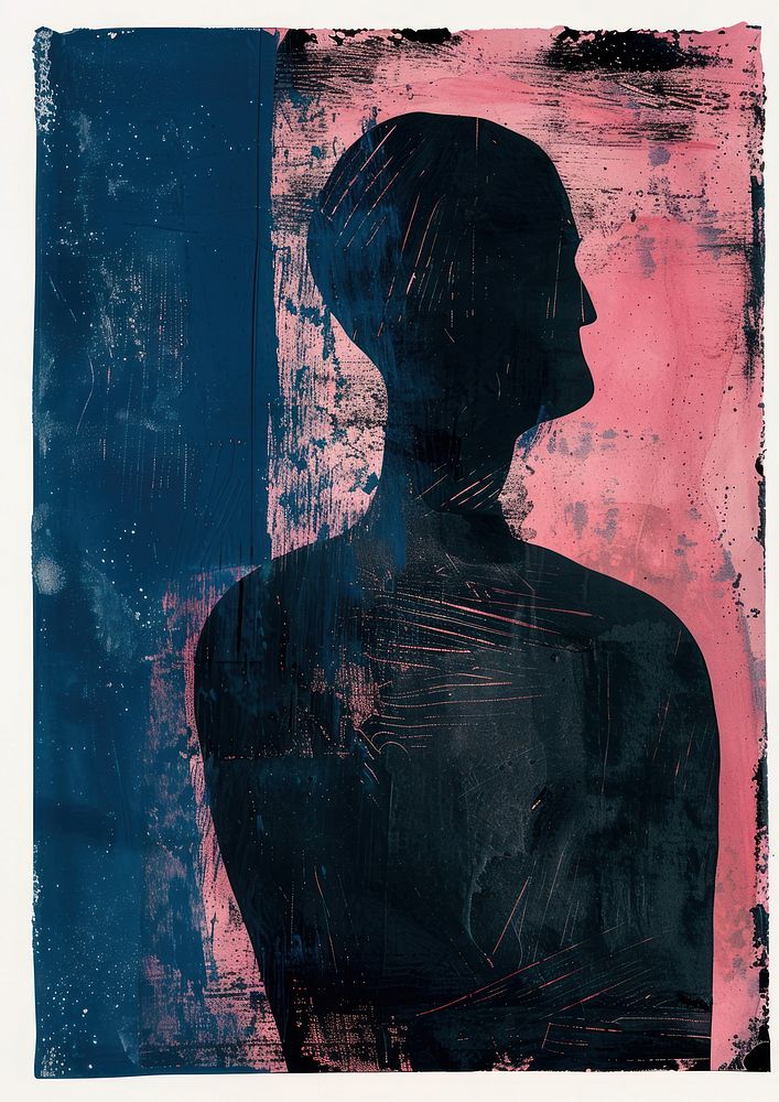 Silkscreen of a sad people art silhouette painting.