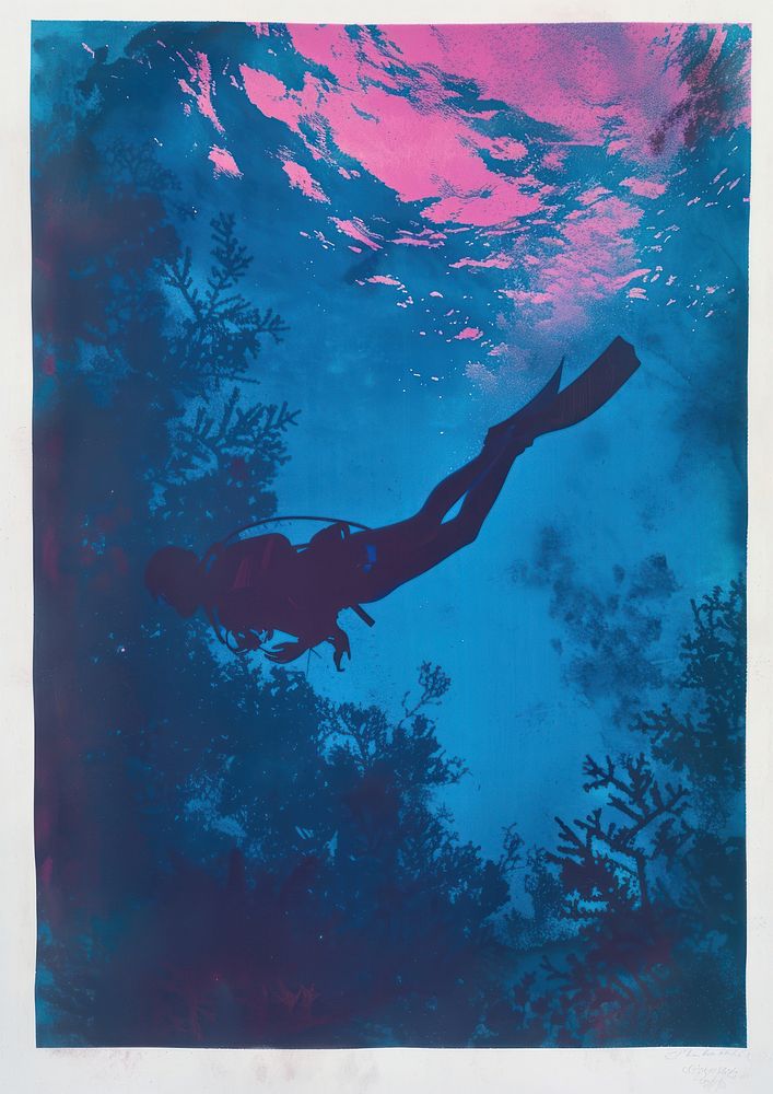Silkscreen of a snorkeling nature underwater swimming.