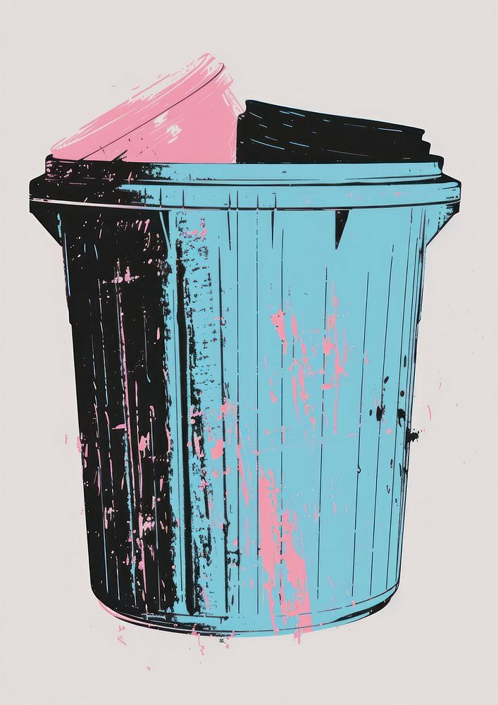 Silkscreen of a trash can pink container recycling.
