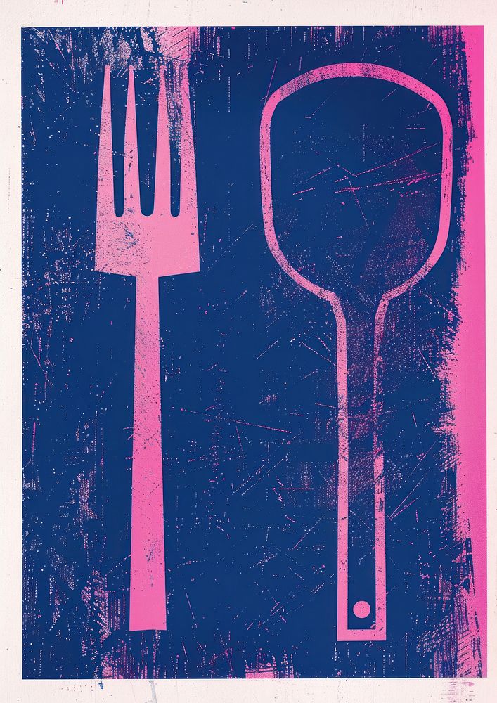 Silkscreen of a utensils purple spoon fork.