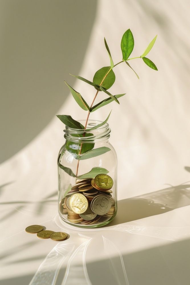 Glass jar filled with coins and a plant investment currency sunlight.